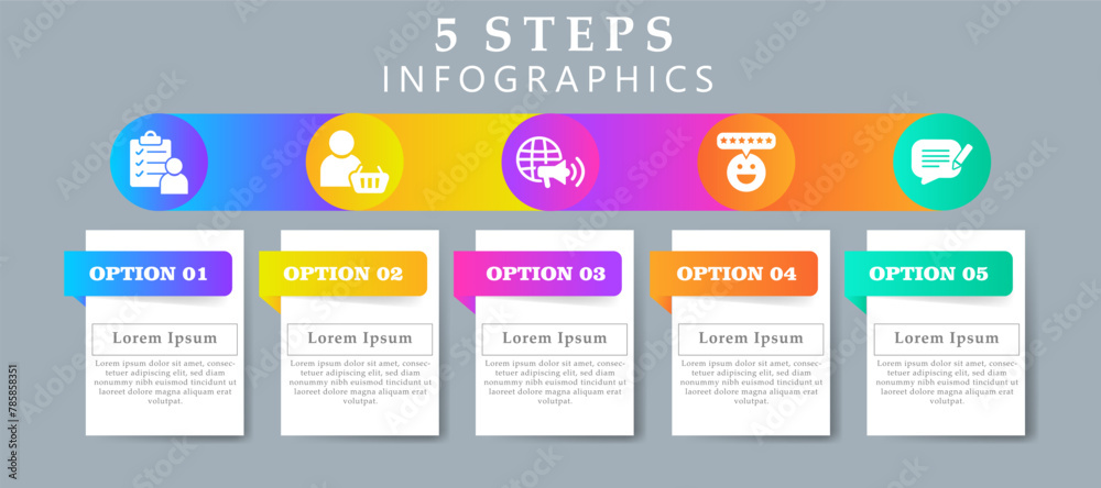 Steps infographics design layout template including icons of survey, customer, marketing, customer satisfaction and feedback. Creative presentation with 5 options concept. Steps infographics design layout template including icons of survey, customer, marketing, customer satisfaction and feedback. Creative presentation with 5 options concept.