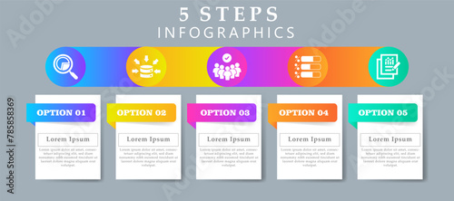 Steps infographics design layout template including icons of research, data collection, participant, polling and result. Creative presentation with 5 options concept.