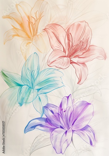 four different colored flowers pastel drawing big lilies shading study spectral evolution sizes color defense botanic listing sketches synchronism