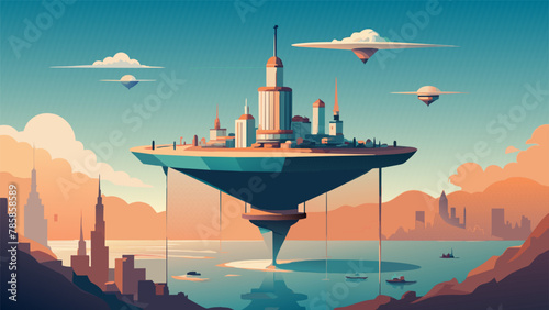 A city suspended above a vast ocean on a series of immense levitating platforms. The platforms are arranged in a circular formation with