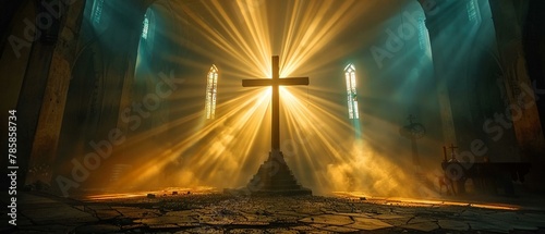 Calvary s cross amidst radiating sunbeams  solemn and steadfast