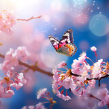 Beautiful pink cherry blossoms and butterfly on bokeh background