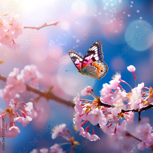 Beautiful pink cherry blossoms and butterfly on bokeh background © Laik Alam