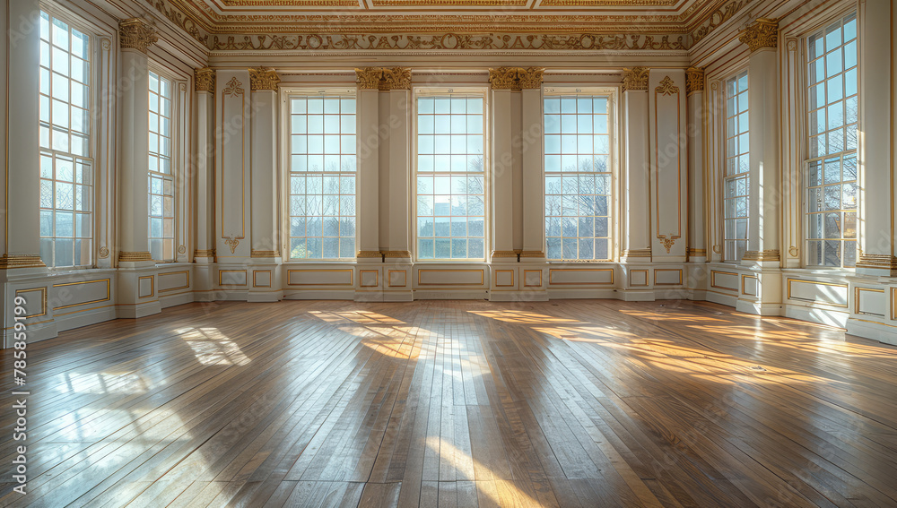 A photo of an empty, large room with wooden floors and tall windows in the background. Created with Ai