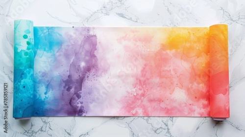 Blank mockup of a watercolorinspired yoga mat on a white marble background. . photo