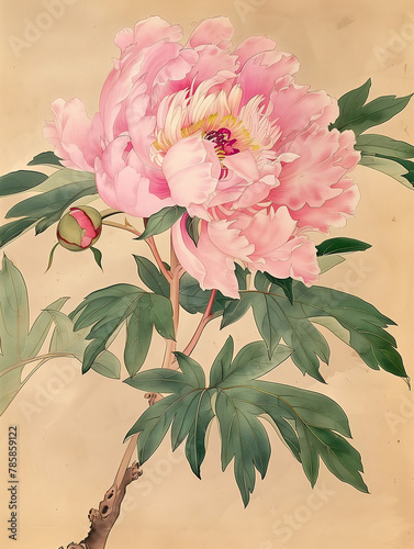 pink flower branch peony herbarium page listing well shaded depicting gallery setting shadows flowers