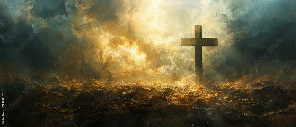 Fototapeta premium Beacon of Christianity, cross against a canvas of heavenly light