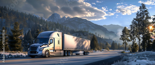 truck driving down road mountains background snowy canyon dawn streaming port scene long lines early wheels interconnections solid oregon photo
