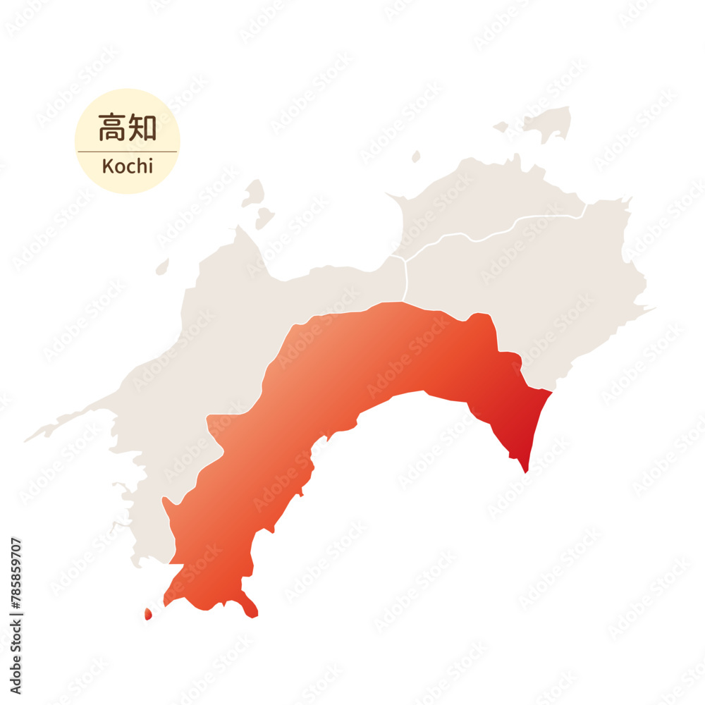 Obraz premium 高知県の明るく美しい地図、四国地方の中の高知県