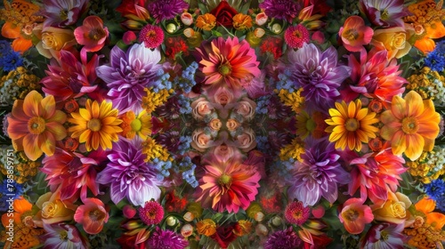 A symphony of bright multihued flowers burst forth creating a kaleidoscope of floral fireworks in full bloom.