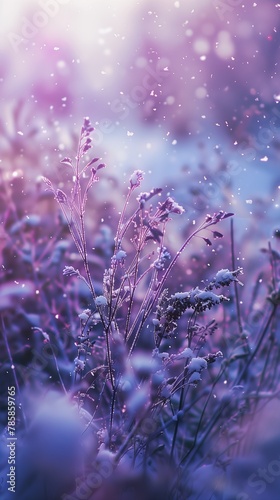purple flowers field lot snow transparent princess scenery soft blush sky falls ground frostbite frozen statue scattered glowing pink fireflies chilly