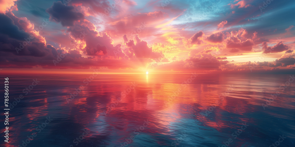 Fototapeta premium A stunning sunset paints the sky in vivid colors with clouds and the sun's reflection creating a mesmerizing pattern on the ocean's surface.