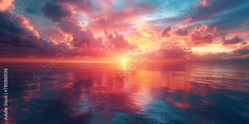 A stunning sunset paints the sky in vivid colors with clouds and the sun's reflection creating a mesmerizing pattern on the ocean's surface. © NaphakStudio