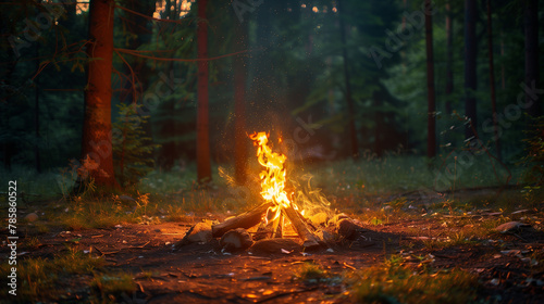 A cozy campfire crackles with vibrant flames in a tranquil forest setting as dusk sets in, evoking a sense of wilderness adventure.