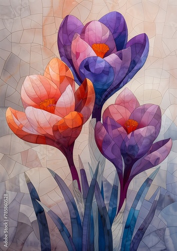 three flowers mosaic tulip dawn color sharp edges focus dynamic folds bright torn hexagons #785860528