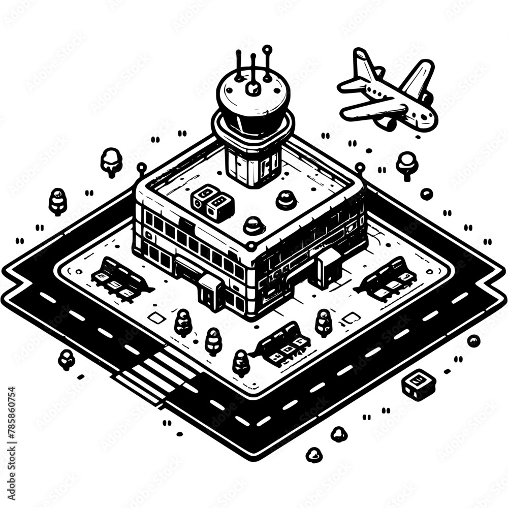 Airport building with adjacent territory in monochrome. Observation tower behind aircraft. Simple minimalistic vector in black ink drawing on transparent background