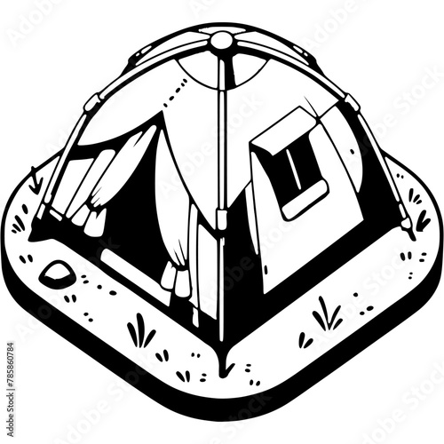 Traveler temporary awning in monochrome. Square camping tent. Simple minimalistic vector in black ink drawing on transparent background
