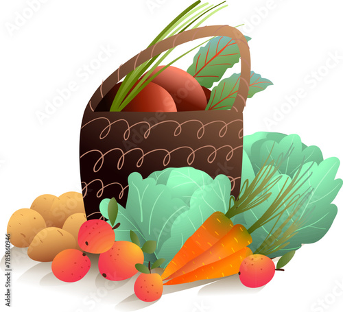Autumn harvest basket of healthy vegetables with cabbage carrot apple beetroot and potato. Farming Hand-drawn vector cartoon, artistic seasonal illustration of fresh produce in watercolor style. © Popmarleo
