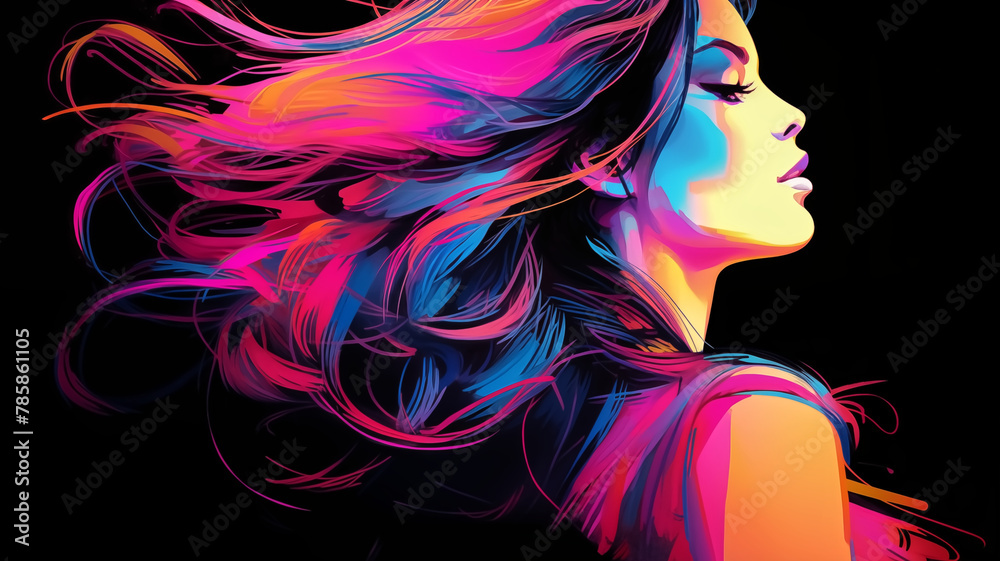 Striking digital artwork of a woman's profile with flowing hair in a burst of neon colors against a dark background.

