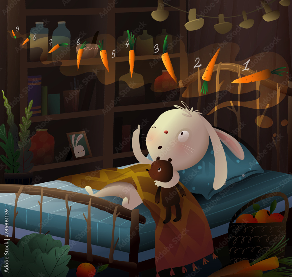Cute baby bunny with his toy teddy bear trying to sleep in bed counting carrots. Sleepy animal toys in kids bedroom. Vector cartoon illustration for children education, story or fairytale book. - obrazy, fototapety, plakaty 