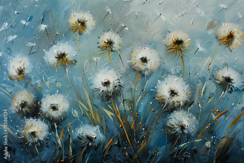 dandelions blue background feathers wet details cumulus delicate precise brushwork radiate connection white gold sky falls ground west fluffy