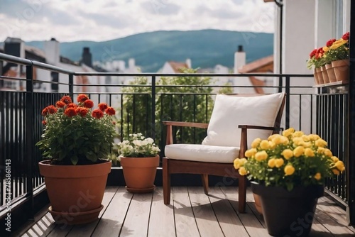 Beautiful view of an armchair on the balcony with potted plants and flowers, Ourdoor view with copy space. photo