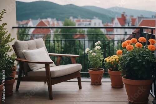 Beautiful view of an armchair on the balcony with potted plants and flowers, Ourdoor view with copy space. photo