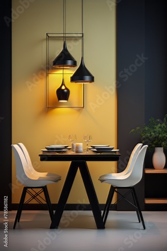 Dining room with a table and chairs and a lamp