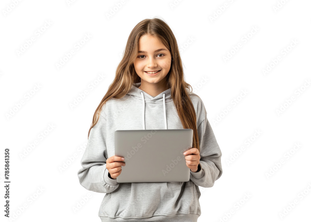 Smiling Girl with Tablet on Transparent Background Smiling Girl with Tablet on Transparent Background