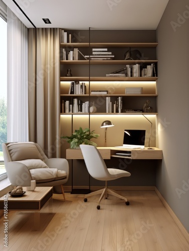 room with a desk bookshelf and a chair