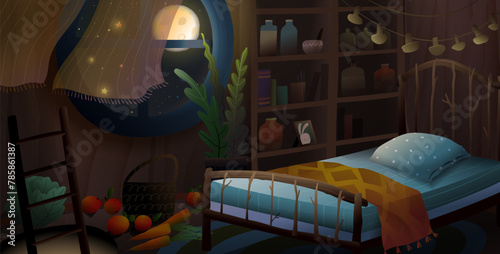 Empty children bedroom interior for kids fairy tale or bedtime story. Sleepy bedroom at night, bright full moon shining in window. Vector cartoon illustration for children story or fairytale book. © Popmarleo
