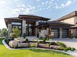Modern home exterior with brown shingle and stone accents