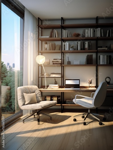 Modern home office design with elegant decor and evening light
