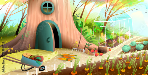 House in the forest tree with door and window. Greenhouse, carrots growing and farming in vegetable garden in woods. Background for children story. Vector book illustration for kids fairytale. © Popmarleo