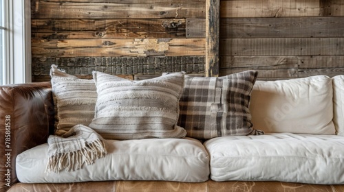 A comfortable oversized leather sofa is situated in front of a backdrop of weathered log wood paneling. The neutral tones of the wood create a cozy and inviting atmosphere perfect .