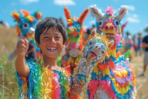 Lively moment capturing the excitement of breaking piñatas during Cinco de Mayo festivities © Veniamin Kraskov