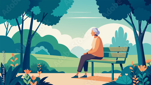 A handdrawn illustration showing a senior patient sitting on a bench in a park taking a moment to rest during their daily walk. The park is