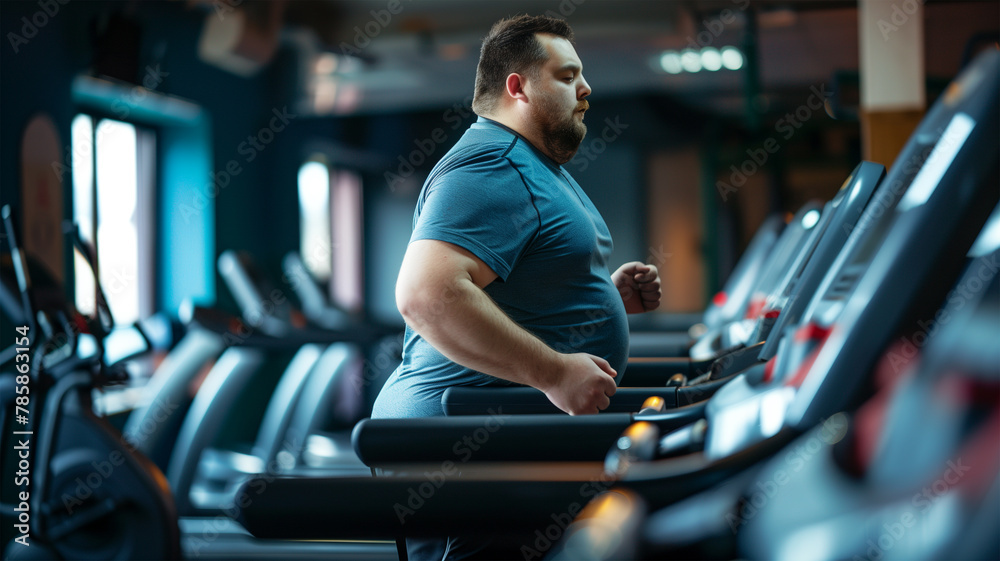 Obese Man Jogging on a Treadmill for Diet Obese Man Jogging on a Treadmill for Diet