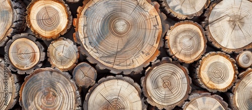 Detailed view of a stack of timber showing numerous growth rings  indicating the age and quality of the wood