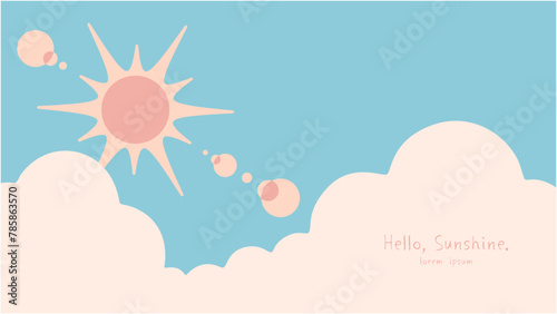 Cute pale gentle colors sunny sky background image. Vector illustration of the sun and sunshine through the clouds.