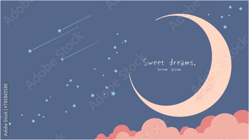 Cute dreamy night background image. Vector illustration of starry sky and crescent moon.