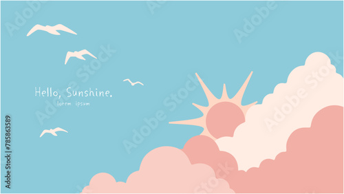Cute pale gentle colors sunny sky background image. Vector illustration of the sun behind clouds and flying birds.