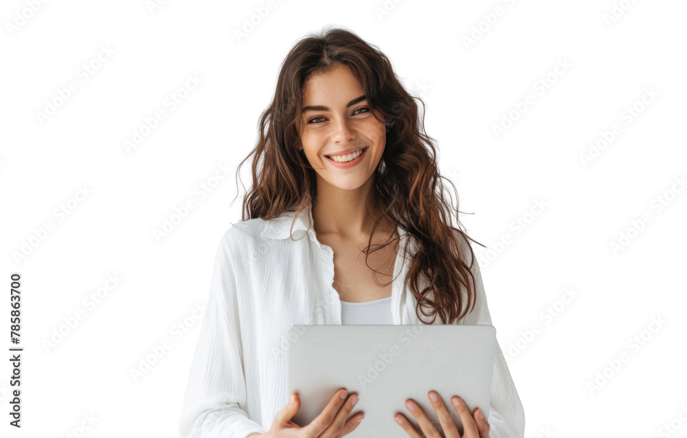Smiling Woman with Laptop on Transparent Background Smiling Woman with Laptop on Transparent Background