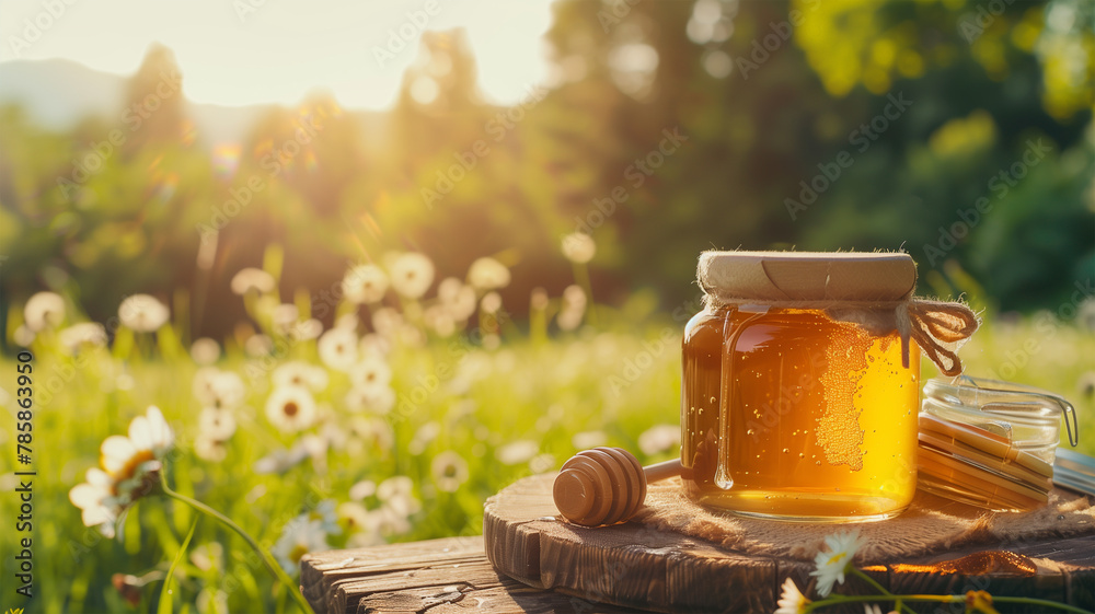 Honey Jar Sitting on a Flower Field Table on a Bright Day - obrazy, fototapety, plakaty 