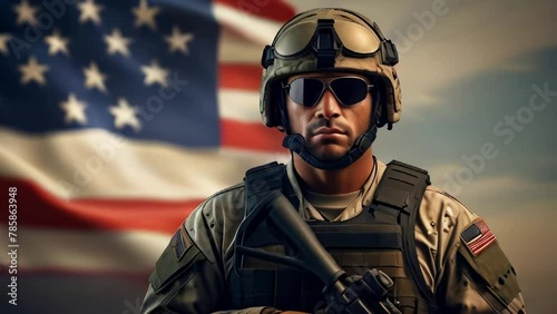 Soldier in front of a waving American flag, conveying the idea of patriotism and military service. The soldier wears a helmet and tactical gear and holds a rifle. Bravery and Honor photo
