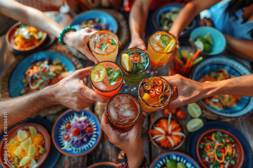 Vibrant scene capturing friends enjoying Margaritas at a lively Mexican fiesta