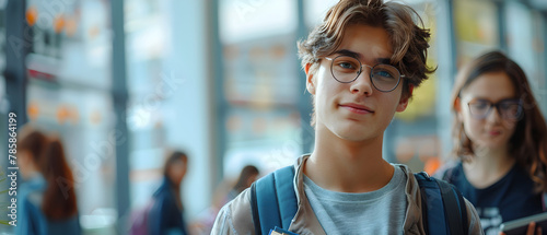 Wallpaper Mural Portrait of a positive European male teenager student wearing backpack and glasses, holding books and tablet in class with white big glass window and blurred students in the background. Torontodigital.ca