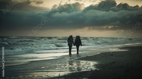 Two lovers walk hand in hand along a deserted windswept beach backs facing the camera as they disappear into the horizon of . .