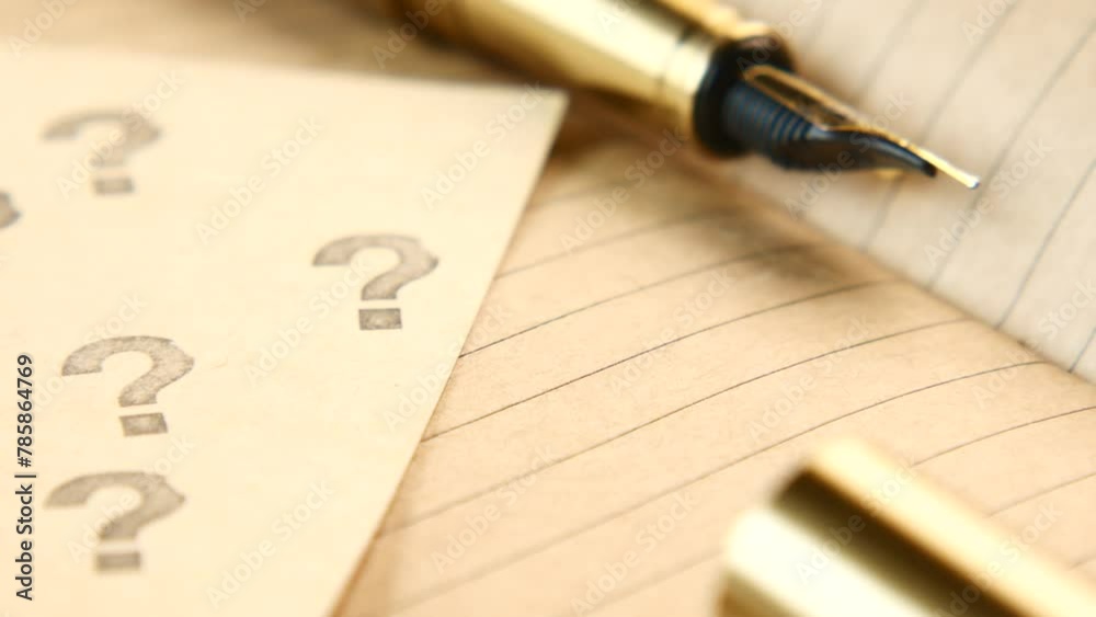 question mark on paper and fountain pen on table 