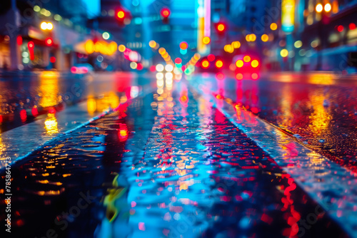 Collection of City Lights Reflecting on Wet Asphalt Post-Rain
